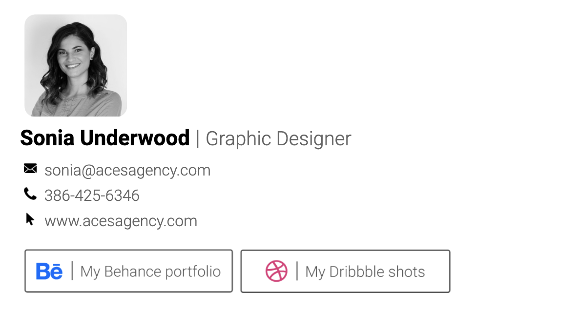Professional email signature layout example with photo, contact details, and social links