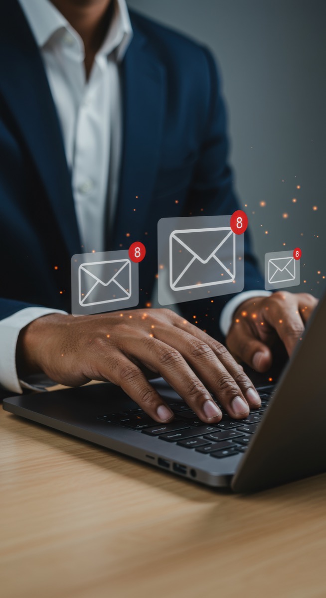 Businessman typing on laptop with floating email notification icons — common email signature mistakes to avoid