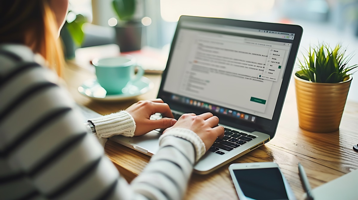 Woman setting up a professional email signature in Gmail on her laptop