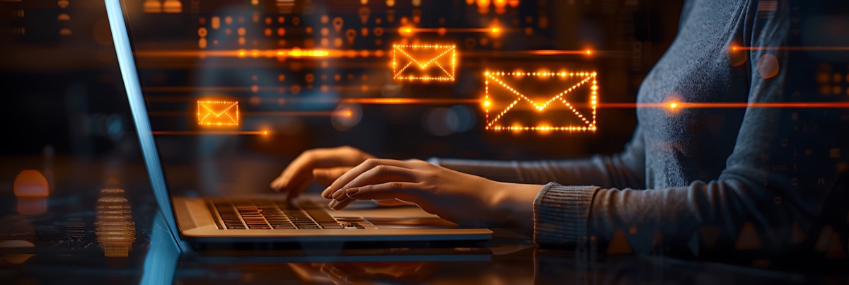 Hands typing on laptop with glowing email icons — the ROI of professional email signatures