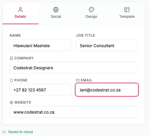 SendSignatures editor showing the details form with name, job title, company, phone, email, and website fields