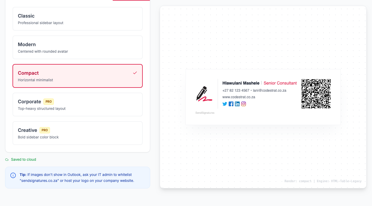 Template selection panel showing Classic, Modern, Compact, Corporate, and Creative templates with a live signature preview