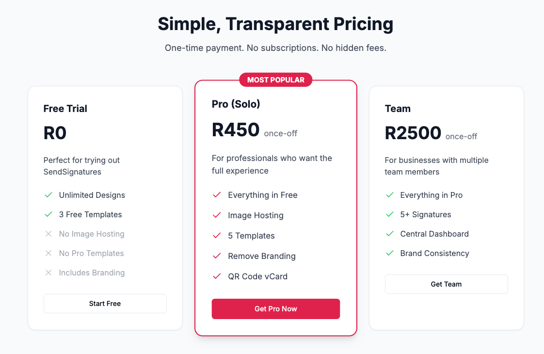 SendSignatures pricing plans showing Free, Pro at R450 once-off, and Team at R2500 once-off