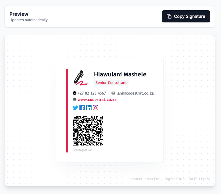 Signature preview with Copy Signature button ready to paste into your email client